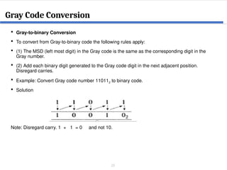 25
 Gray-to-binary Conversion
 To convert from Gray-to-binary code the following rules apply:
 (1) The MSD (left most digit) in the Gray code is the same as the corresponding digit in the
Gray number.
 (2) Add each binary digit generated to the Gray code digit in the next adjacent position.
Disregard carries.
 Example: Convert Gray code number 110112 to binary code.
 Solution
Note: Disregard carry. 1 + 1 = 0 and not 10.
Gray Code Conversion
 