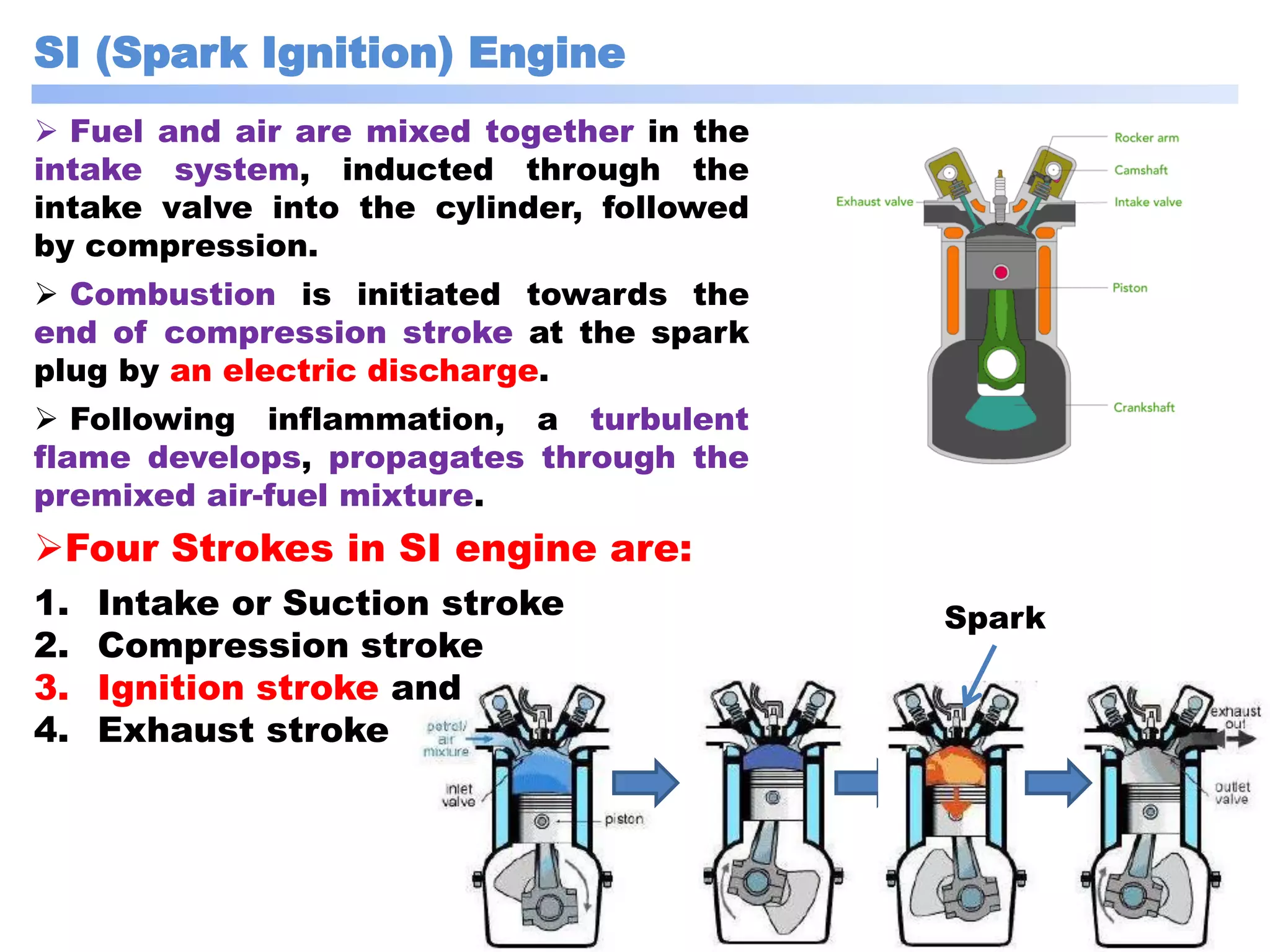 SI (Spark Ignition) Engine
Spark
 Fuel and air are mixed together in the
intake system, inducted through the
intake valve into the cylinder, followed
by compression.
 Combustion is initiated towards the
end of compression stroke at the spark
plug by an electric discharge.
 Following inflammation, a turbulent
flame develops, propagates through the
premixed air-fuel mixture.
Four Strokes in SI engine are:
1. Intake or Suction stroke
2. Compression stroke
3. Ignition stroke and
4. Exhaust stroke
 