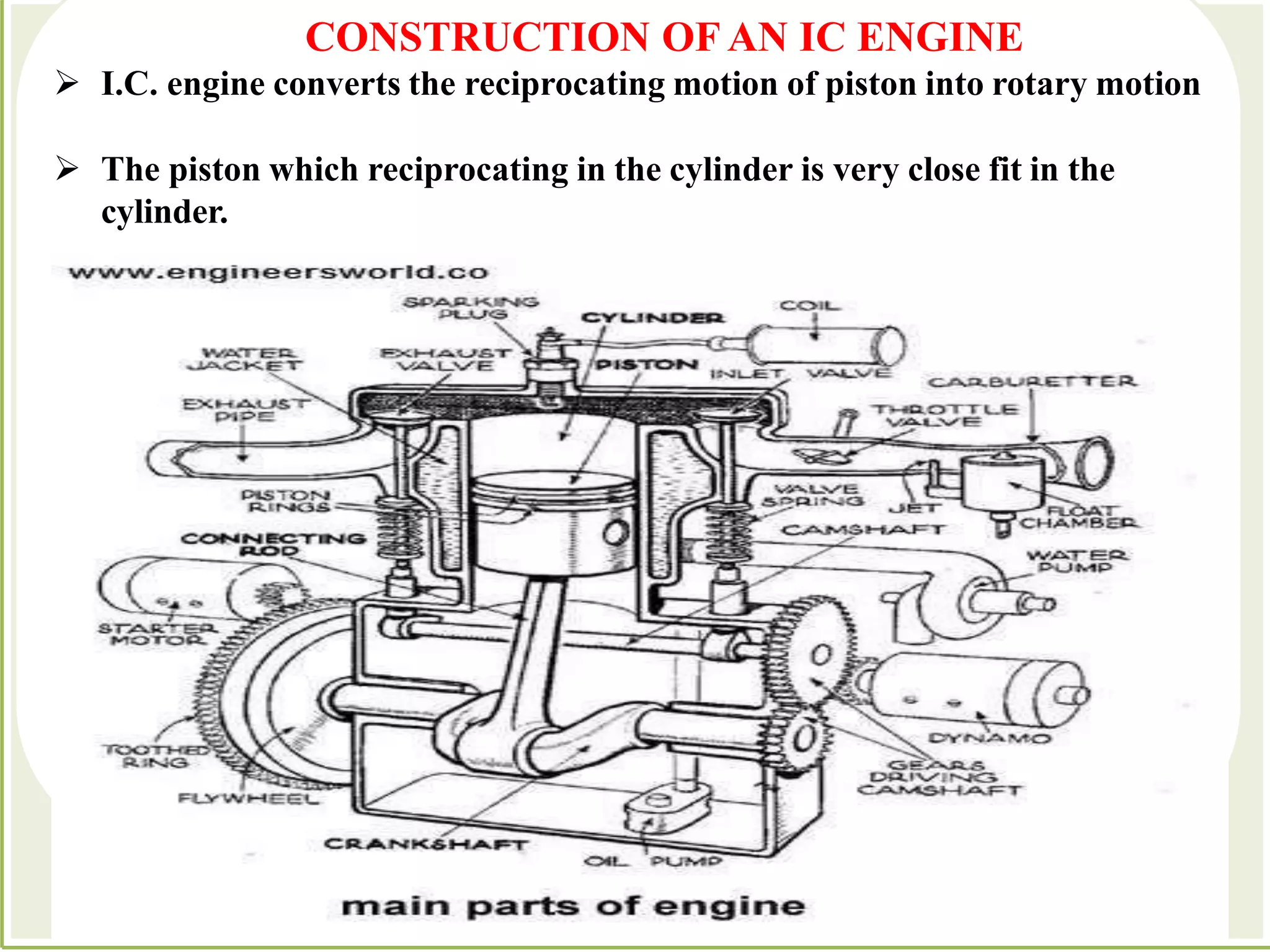 CONSTRUCTION OF AN IC ENGINE
 I.C. engine converts the reciprocating motion of piston into rotary motion
 The piston which reciprocating in the cylinder is very close fit in the
cylinder.
 