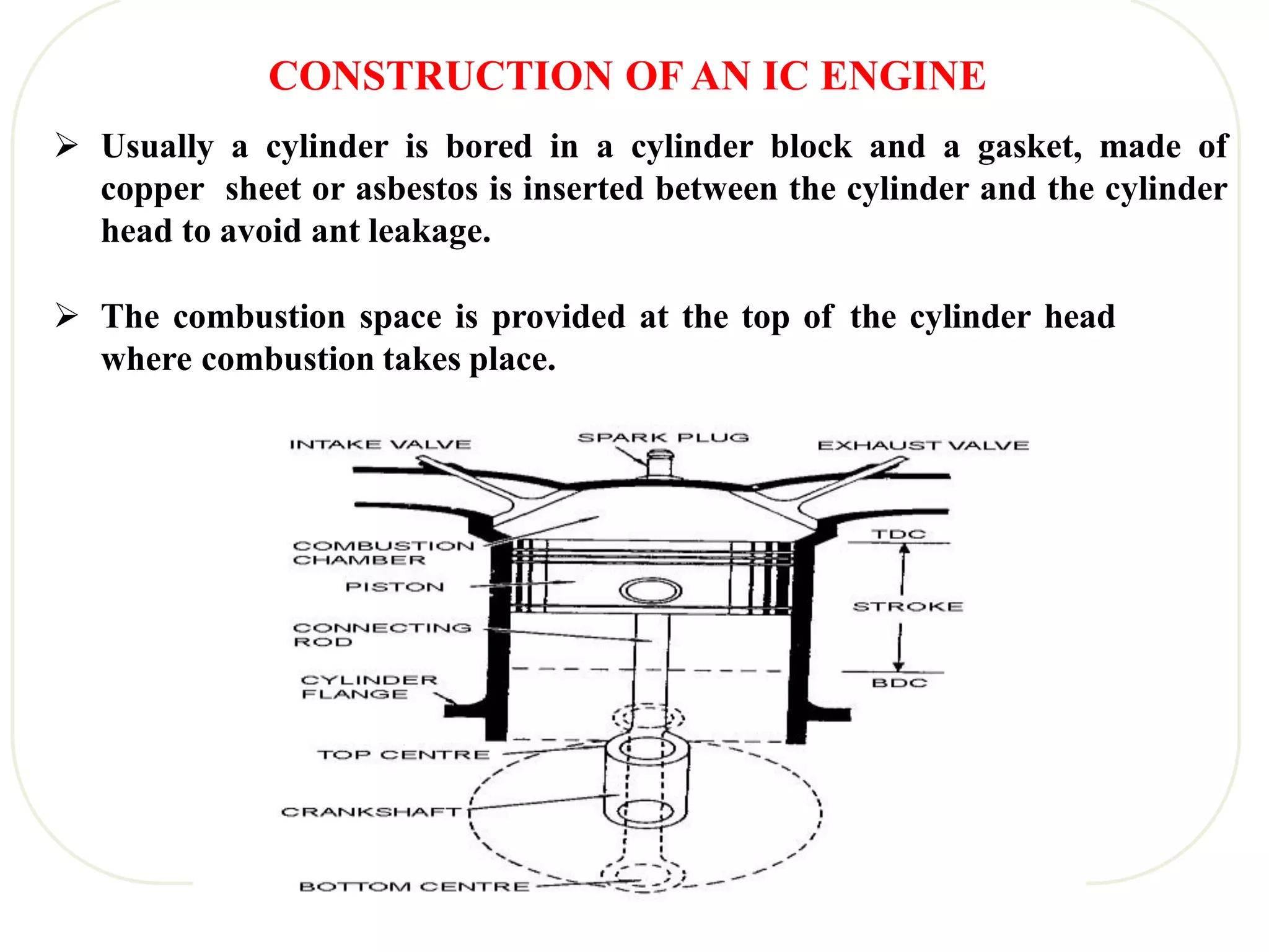 CONSTRUCTION OF AN IC ENGINE
 Usually a cylinder is bored in a cylinder block and a gasket, made of
copper sheet or asbestos is inserted between the cylinder and the cylinder
head to avoid ant leakage.
 The combustion space is provided at the top of the cylinder head
where combustion takes place.
 