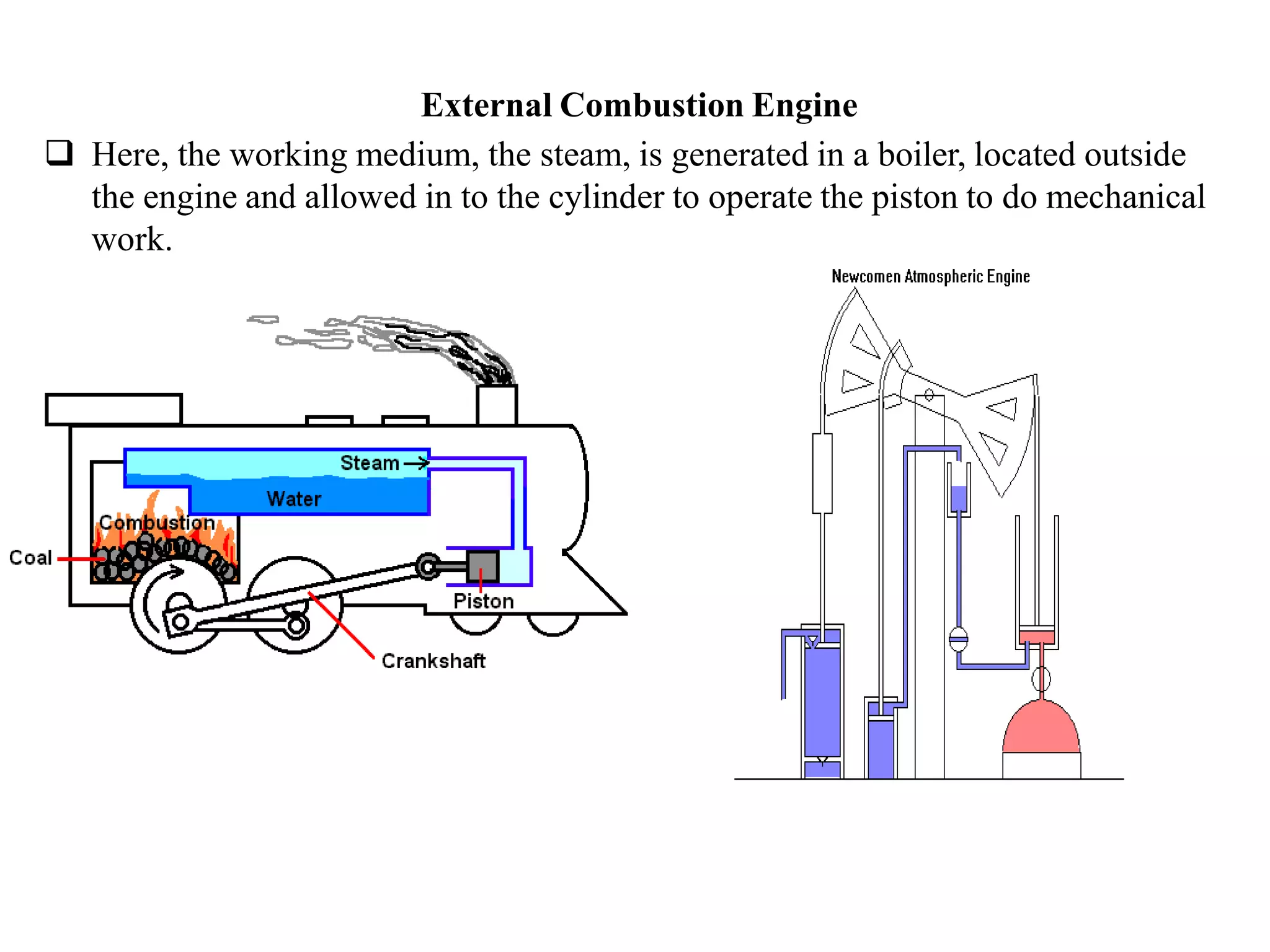 External Combustion Engine
 Here, the working medium, the steam, is generated in a boiler, located outside
the engine and allowed in to the cylinder to operate the piston to do mechanical
work.
 