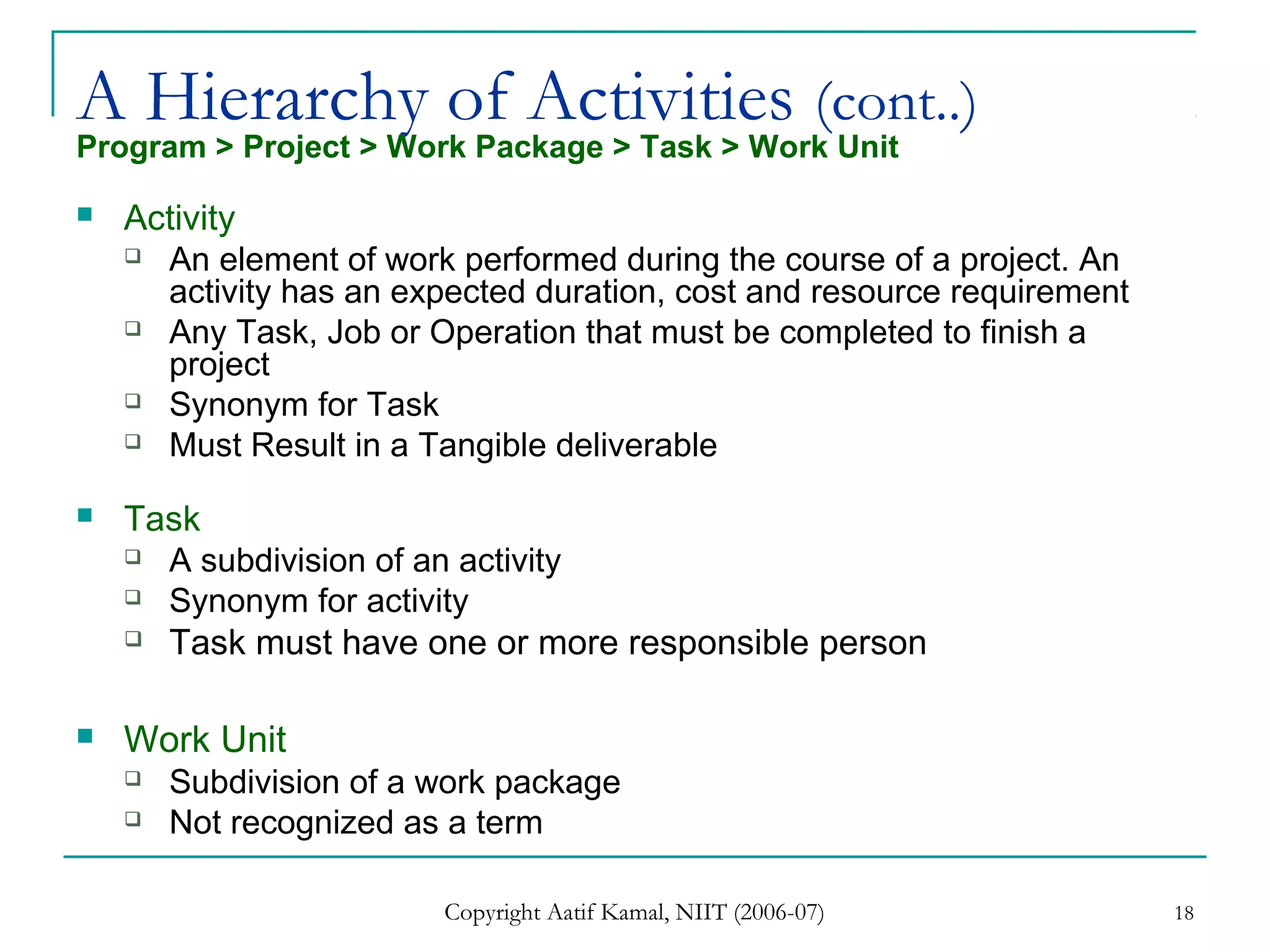 Copyright Aatif Kamal, NIIT (2006-07) 18
A Hierarchy of Activities (cont..)
Program > Project > Work Package > Task > Work Unit
 Activity
 An element of work performed during the course of a project. An
activity has an expected duration, cost and resource requirement
 Any Task, Job or Operation that must be completed to finish a
project
 Synonym for Task
 Must Result in a Tangible deliverable
 Task
 A subdivision of an activity
 Synonym for activity
 Task must have one or more responsible person
 Work Unit
 Subdivision of a work package
 Not recognized as a term
 