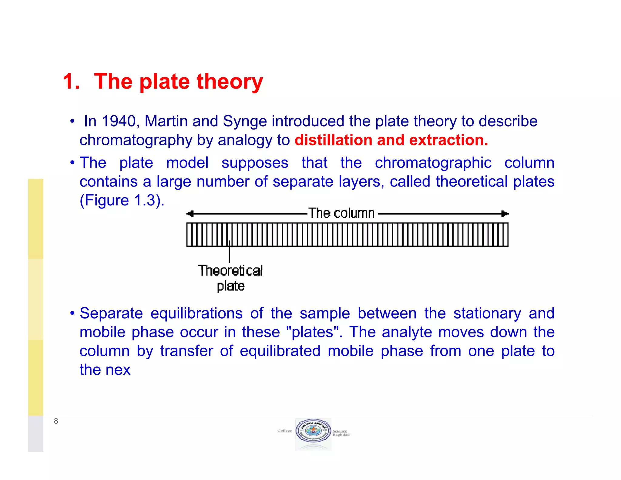 1. The plate theorye p ate t eo y
• In 1940, Martin and Synge introduced the plate theory to describe
chromatography by analogy to distillation and extraction.
• The plate model supposes that the chromatographic column
contains a large number of separate layers, called theoretical plates
(Figure 1.3).
• Separate equilibrations of the sample between the stationary and
mobile phase occur in these "plates" The analyte moves down themobile phase occur in these plates . The analyte moves down the
column by transfer of equilibrated mobile phase from one plate to
the nex
8
 