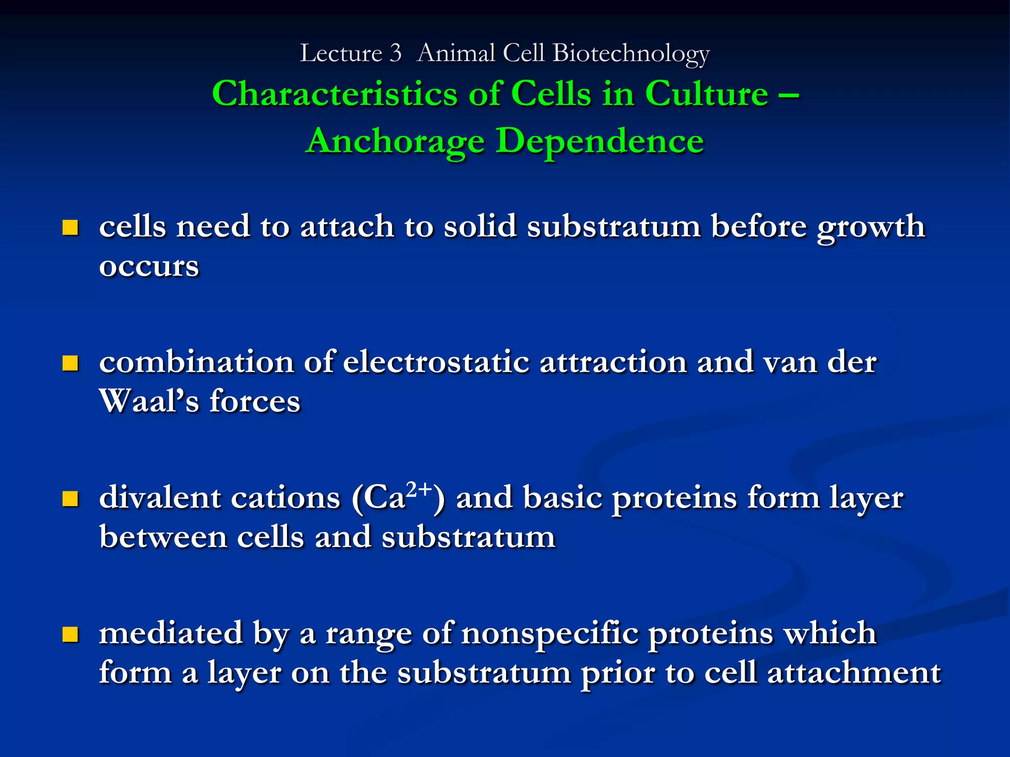 Lecture 3 Animal Cell Biotechnology
           Characteristics of Cells in Culture –
                Anchorage Dependence

   cells need to attach to solid substratum before growth
    occurs

   combination of electrostatic attraction and van der
    Waal‟s forces

   divalent cations (Ca2+) and basic proteins form layer
    between cells and substratum

   mediated by a range of nonspecific proteins which
    form a layer on the substratum prior to cell attachment
 