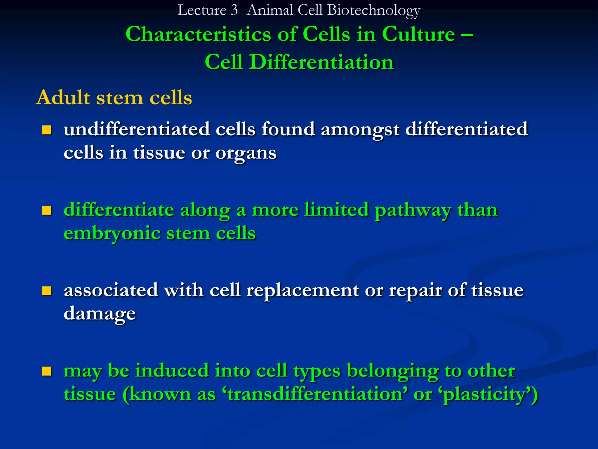 Lecture 3 Animal Cell Biotechnology
           Characteristics of Cells in Culture –
                  Cell Differentiation
Adult stem cells
   undifferentiated cells found amongst differentiated
    cells in tissue or organs

   differentiate along a more limited pathway than
    embryonic stem cells

   associated with cell replacement or repair of tissue
    damage

   may be induced into cell types belonging to other
    tissue (known as „transdifferentiation‟ or „plasticity‟)
 