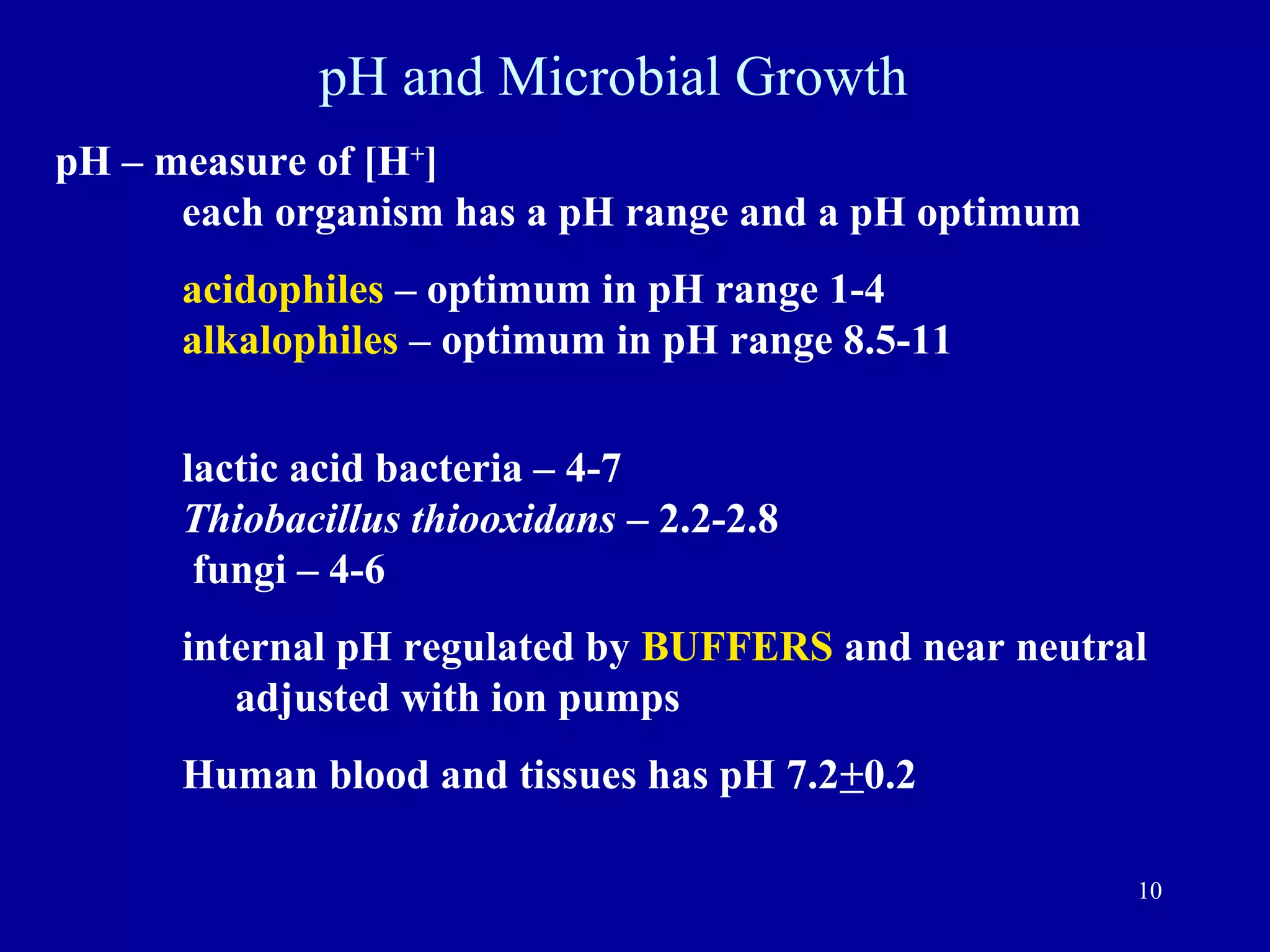 pH and Microbial Growth
pH – measure of [H+]
      each organism has a pH range and a pH optimum
      acidophiles – optimum in pH range 1-4
      alkalophiles – optimum in pH range 8.5-11


      lactic acid bacteria – 4-7
      Thiobacillus thiooxidans – 2.2-2.8
       fungi – 4-6
      internal pH regulated by BUFFERS and near neutral
         adjusted with ion pumps
      Human blood and tissues has pH 7.2+0.2

                                                      10
 