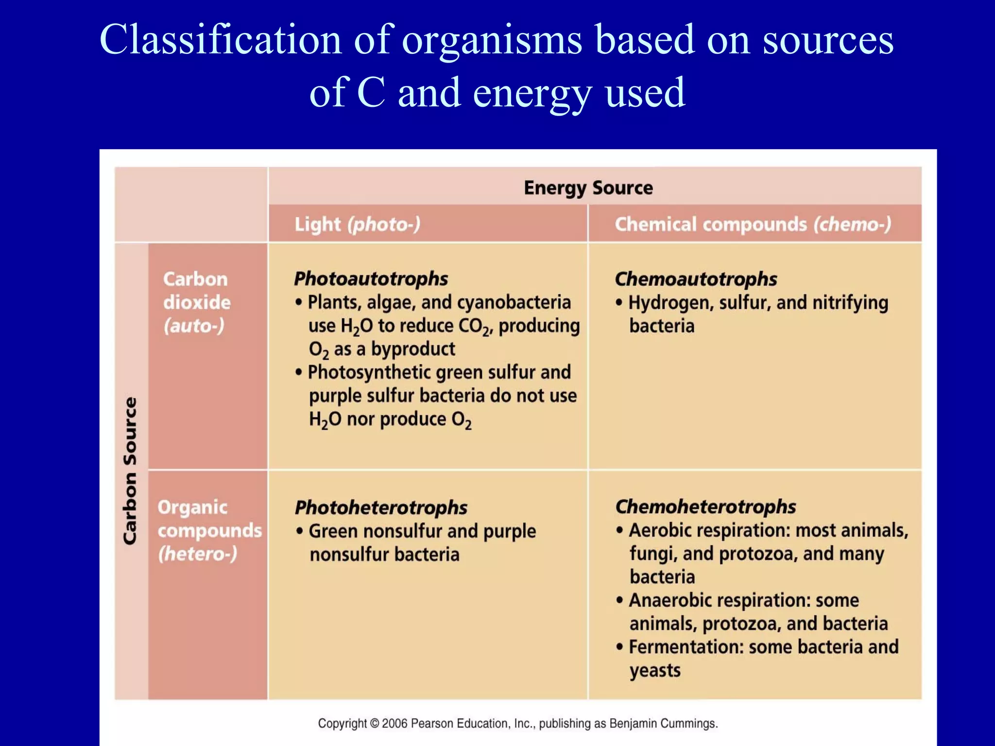 Classification of organisms based on sources
            of C and energy used




                                           22
 