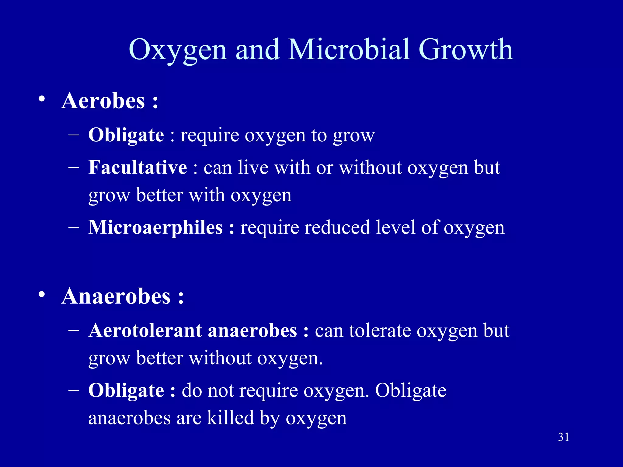 Oxygen and Microbial Growth
• Aerobes :
  – Obligate : require oxygen to grow
  – Facultative : can live with or without oxygen but
    grow better with oxygen
  – Microaerphiles : require reduced level of oxygen


• Anaerobes :
  – Aerotolerant anaerobes : can tolerate oxygen but
    grow better without oxygen.
  – Obligate : do not require oxygen. Obligate
    anaerobes are killed by oxygen
                                                        31
 