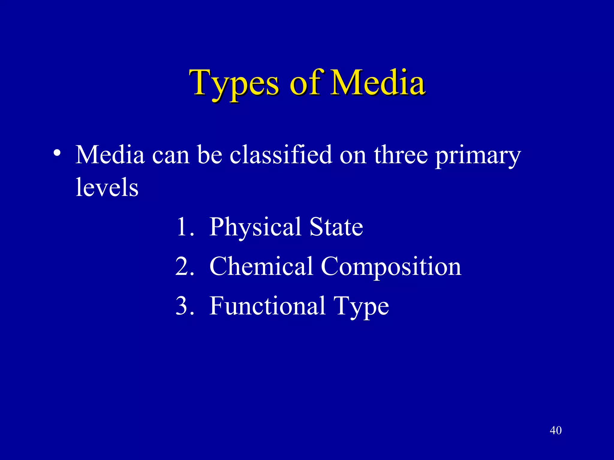 Types of Media
• Media can be classified on three primary
  levels
          1. Physical State
          2. Chemical Composition
          3. Functional Type



                                             40
 