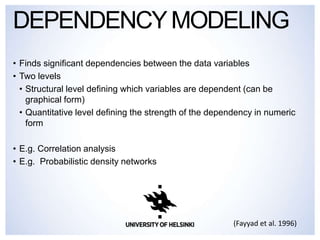 • Finds significant dependencies between the data variables
• Two levels
• Structural level defining which variables are dependent (can be
graphical form)
• Quantitative level defining the strength of the dependency in numeric
form
• E.g. Correlation analysis
• E.g. Probabilistic density networks
DEPENDENCYMODELING
(Fayyad et al. 1996)
 