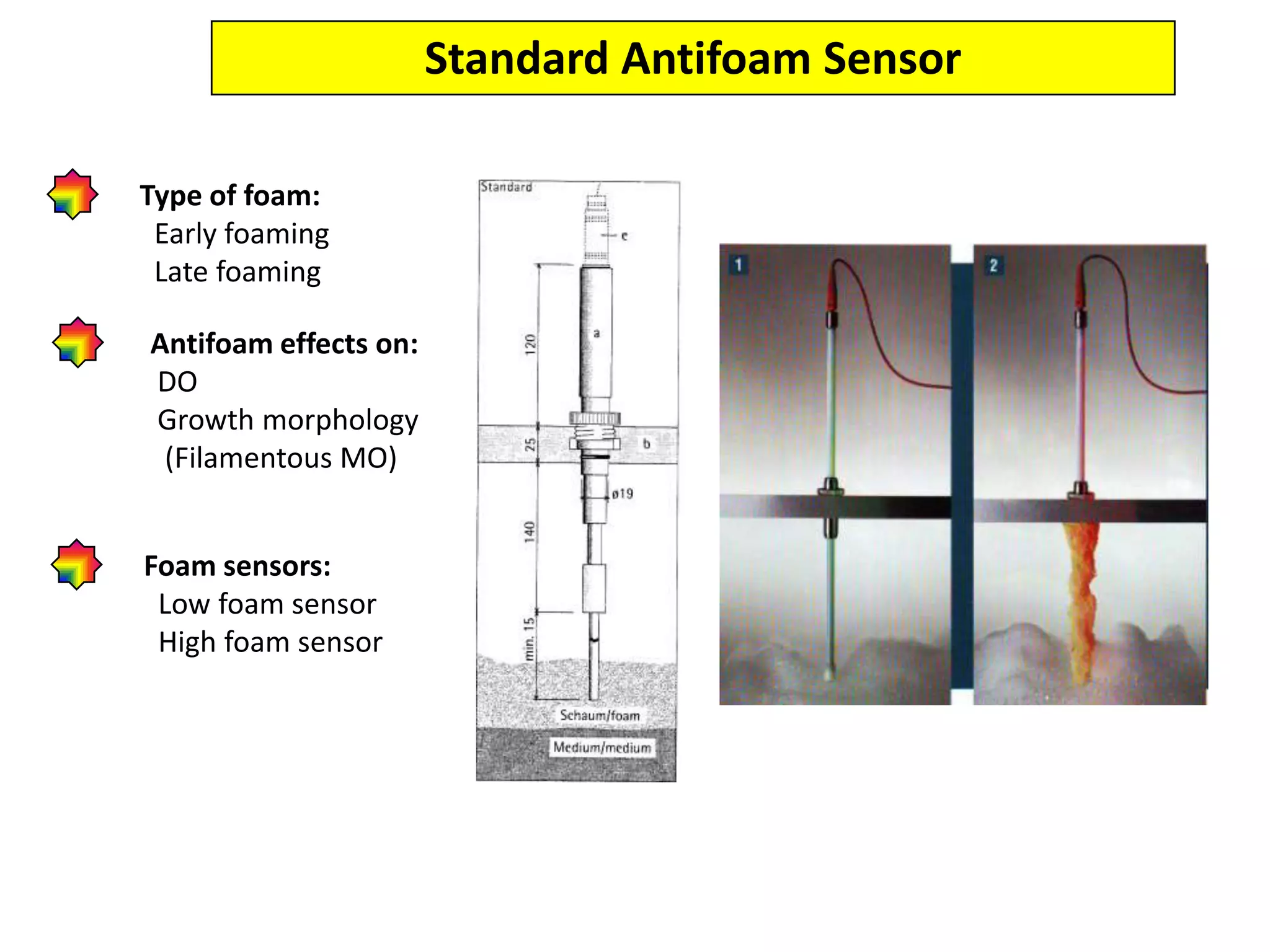 Standard Antifoam SensorType of foam:  Early foaming  Late foamingAntifoam effects on: DO Growth morphology  (Filamentous MO)Foam sensors:  Low foam sensor  High foam sensor