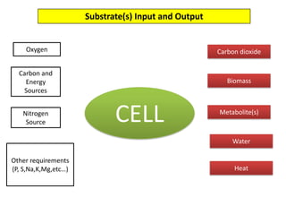 Substrate(s) Input and OutputOxygenCarbon dioxide Carbon and Energy Sources  BiomassCELLMetabolite(s)Nitrogen SourceWater Other requirements(P, S,Na,K,Mg,etc…)Heat