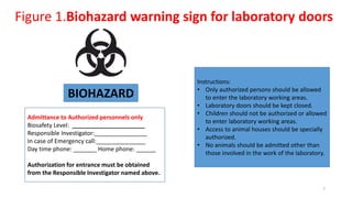 Figure 1.Biohazard warning sign for laboratory doors
7
BIOHAZARD
Admittance to Authorized personnels only
Biosafety Level: ______________________
Responsible Investigator:________________
In case of Emergency call:_______________
Day time phone: _______ Home phone: ______
Authorization for entrance must be obtained
from the Responsible Investigator named above.
Instructions:
• Only authorized persons should be allowed
to enter the laboratory working areas.
• Laboratory doors should be kept closed.
• Children should not be authorized or allowed
to enter laboratory working areas.
• Access to animal houses should be specially
authorized.
• No animals should be admitted other than
those involved in the work of the laboratory.
 