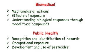 Biomedical
 Mechanisms of actions
 Effects of exposure
 Understanding biological responses through
model toxic compounds
Public Health
 Recognition and identification of hazards
 Occupational exposure
 Development and use of pesticides
 
