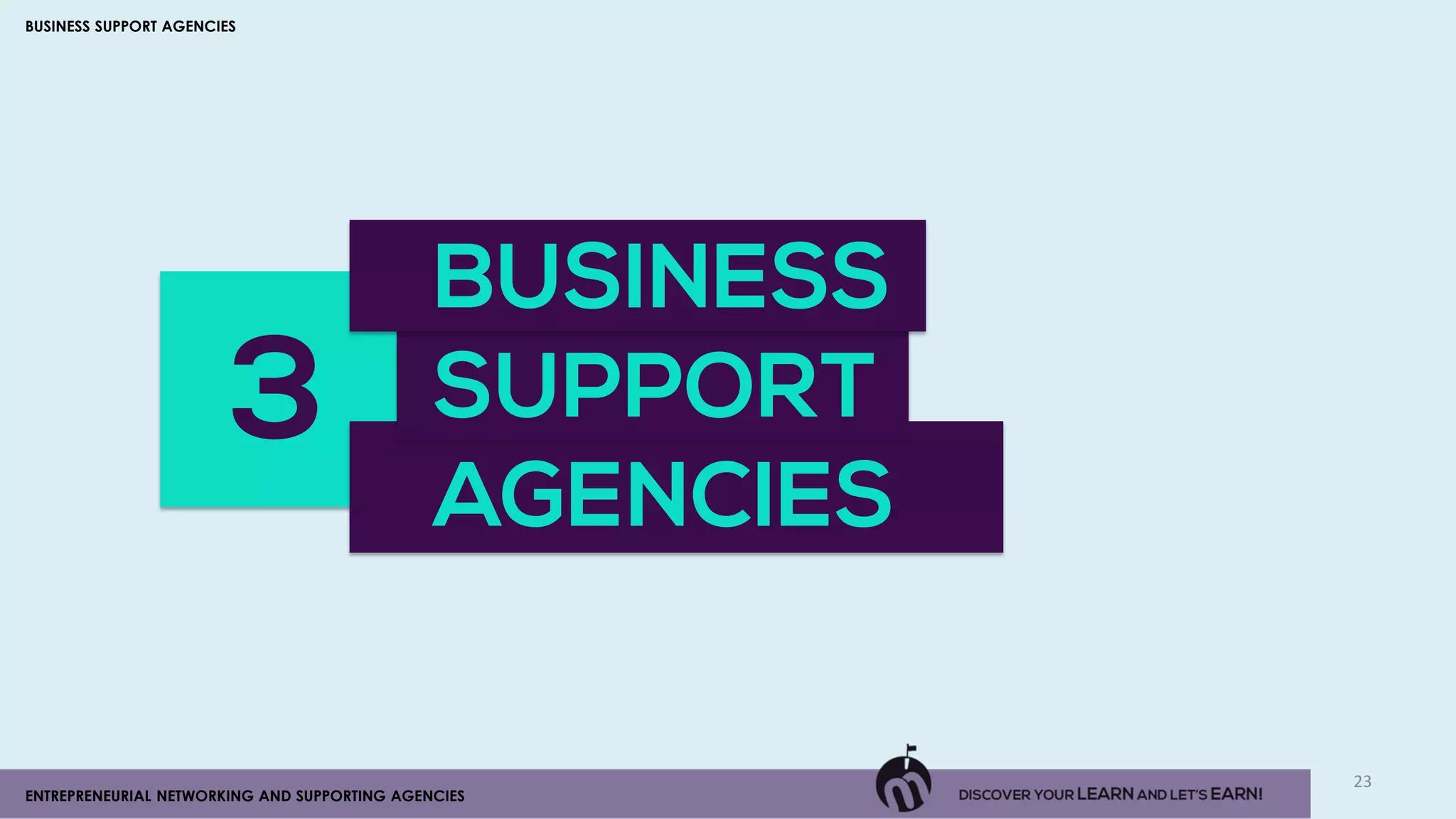 3
23
ENTREPRENEURIAL NETWORKING AND SUPPORTING AGENCIES
BUSINESS SUPPORT AGENCIES
BUSINESS
SUPPORT
AGENCIES
 
