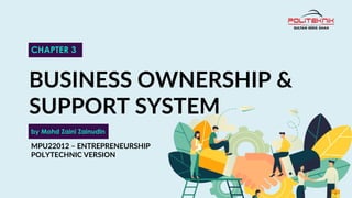 1
BUSINESS OWNERSHIP &
SUPPORT SYSTEM
by Mohd Zaini Zainudin
CHAPTER 3
MPU22012 – ENTREPRENEURSHIP
POLYTECHNIC VERSION
 