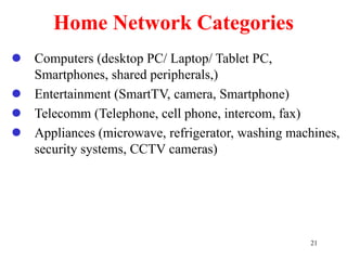 21
Home Network Categories
 Computers (desktop PC/ Laptop/ Tablet PC,
Smartphones, shared peripherals,)
 Entertainment (SmartTV, camera, Smartphone)
 Telecomm (Telephone, cell phone, intercom, fax)
 Appliances (microwave, refrigerator, washing machines,
security systems, CCTV cameras)
 