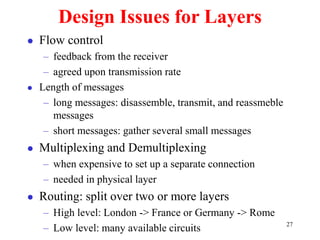 27
Design Issues for Layers
 Flow control
– feedback from the receiver
– agreed upon transmission rate
 Length of messages
– long messages: disassemble, transmit, and reassmeble
messages
– short messages: gather several small messages
 Multiplexing and Demultiplexing
– when expensive to set up a separate connection
– needed in physical layer
 Routing: split over two or more layers
– High level: London -> France or Germany -> Rome
– Low level: many available circuits
 
