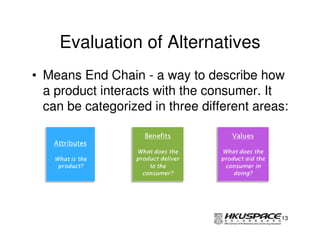 Evaluation of Alternatives
• Means End Chain - a way to describe how
  a product interacts with the consumer. It
  can be categorized in three different areas:




                                            13
 