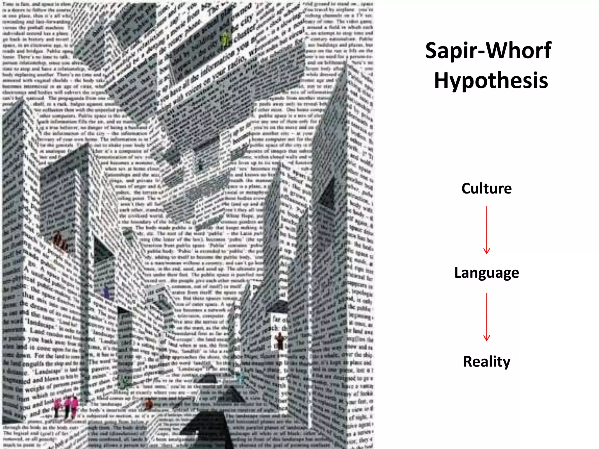 Sapir-Whorf
 Hypothesis



   Culture




  Language




   Reality
 