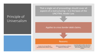 Principle of
Universalism
Reasons:
Counters the risk that different
proceedings produce different results
Different proceedings are unlikely to
progress at a similar pace
It counters against creditors who seek to
bring claims against assets before and
often without giving notice to other
creditors
Applies to cross border debt claims.
That a single set of proceedings should cover all
aspects of a restructuring – it is the basis of the
UNCITRAL Model Law.
 