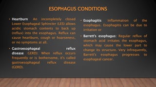 ESOPHAGUS CONDITIONS
• Heartburn: An incompletely closed
Lower Esophageal Sphincter (LES) allows
acidic stomach contents to back up
(reflux) into the esophagus. Reflux can
cause heartburn, cough or hoarseness,
or no symptoms at all.
• Gastroesophageal reflux
disease (GERD): When reflux occurs
frequently or is bothersome, it's called
gastroesophageal reflux disease
(GERD).
• Esophagitis: Inflammation of the
esophagus. Esophagitis can be due to
irritation or infection.
• Barrett's esophagus: Regular reflux of
stomach acid irritates the esophagus,
which may cause the lower part to
change its structure. Very infrequently,
Barrett's esophagus progresses to
esophageal cancer.
 