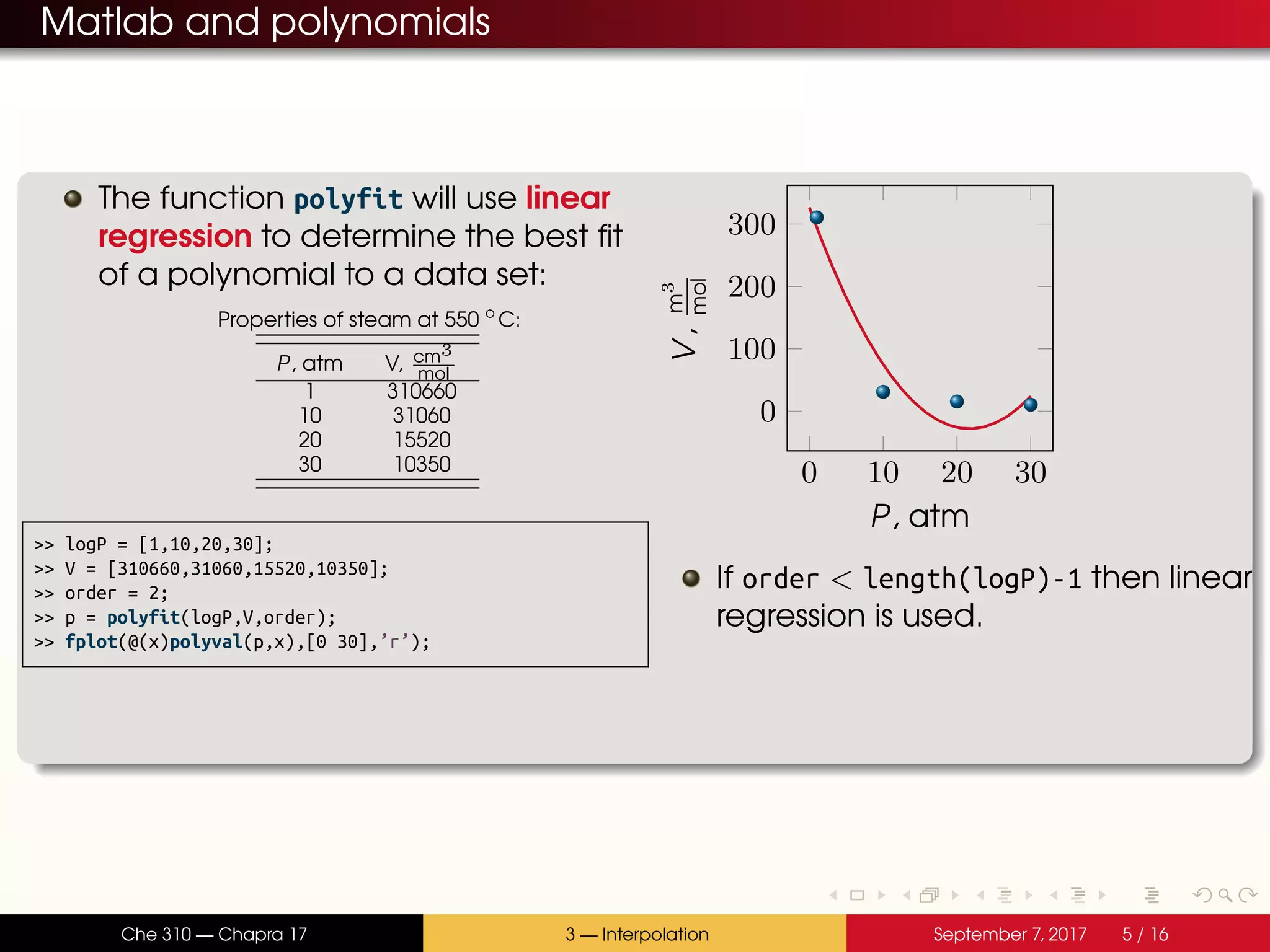 Matlab and polynomials The function polyfit will use linear regression to determine the best fit of a polynomial to a data set: Properties of steam at 550 ◦ C: P, atm V, cm3 mol 1 310660 10 31060 20 15520 30 10350 >> logP = [1,10,20,30]; >> V = [310660,31060,15520,10350]; >> order = 2; >> p = polyfit(logP,V,order); >> fplot(@(x)polyval(p,x),[0 30],’r’); 0 10 20 30 0 100 200 300 P, atm V,m3 mol If order < length(logP)-1 then linear regression is used. Che 310 — Chapra 17 3 — Interpolation September 7, 2017 5 / 16 