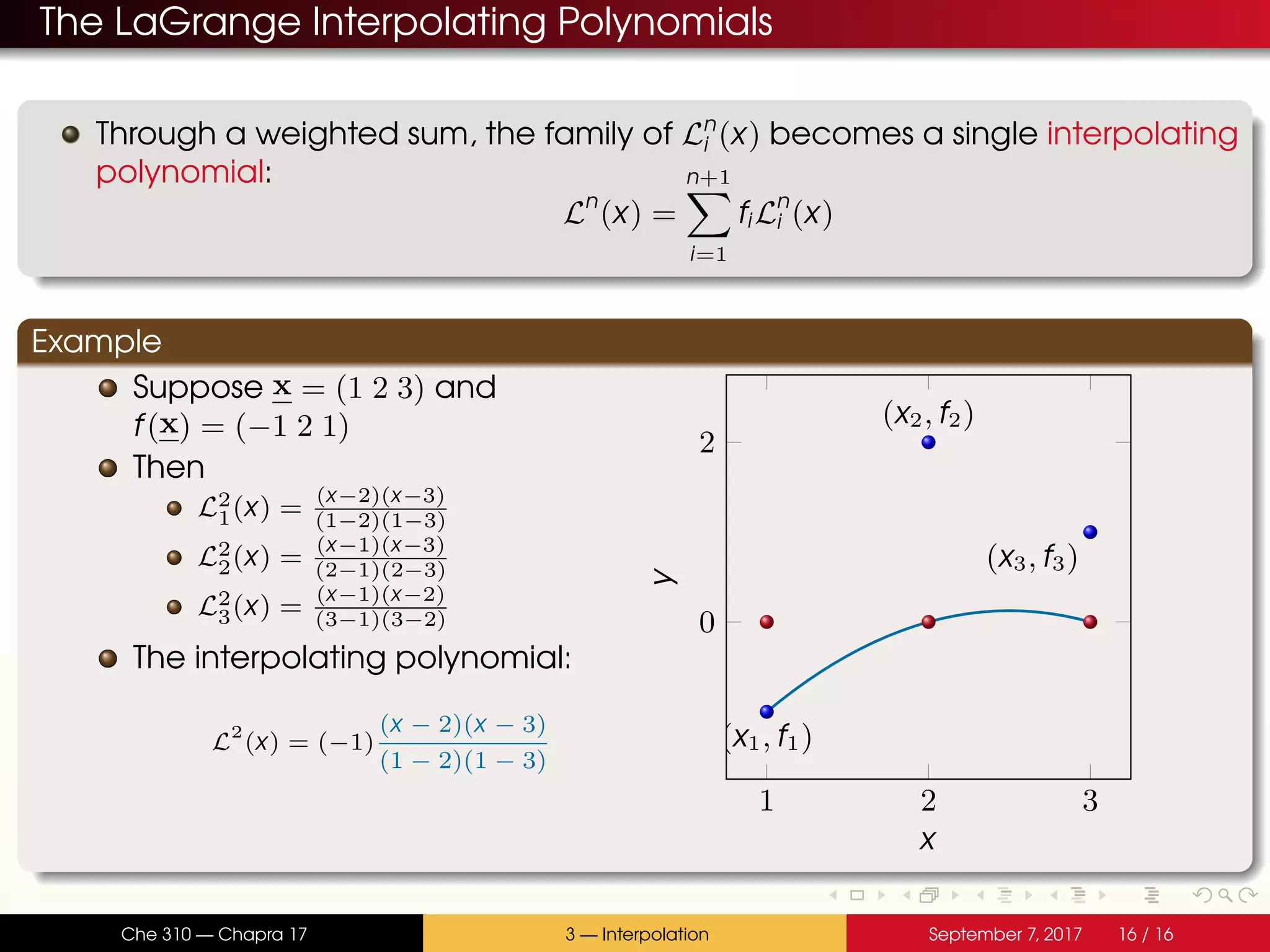 The LaGrange Interpolating Polynomials Through a weighted sum, the family of Ln i (x) becomes a single interpolating polynomial: Ln (x) = n+1 i=1 fiLn i (x) Example Suppose x = (1 2 3) and f(x) = (−1 2 1) Then L2 1(x) = (x−2)(x−3) (1−2)(1−3) L2 2(x) = (x−1)(x−3) (2−1)(2−3) L2 3(x) = (x−1)(x−2) (3−1)(3−2) The interpolating polynomial: L 2 (x) = (−1) (x − 2)(x − 3) (1 − 2)(1 − 3) 1 2 3 0 2 (x1, f1) (x2, f2) (x3, f3) x y Che 310 — Chapra 17 3 — Interpolation September 7, 2017 16 / 16 