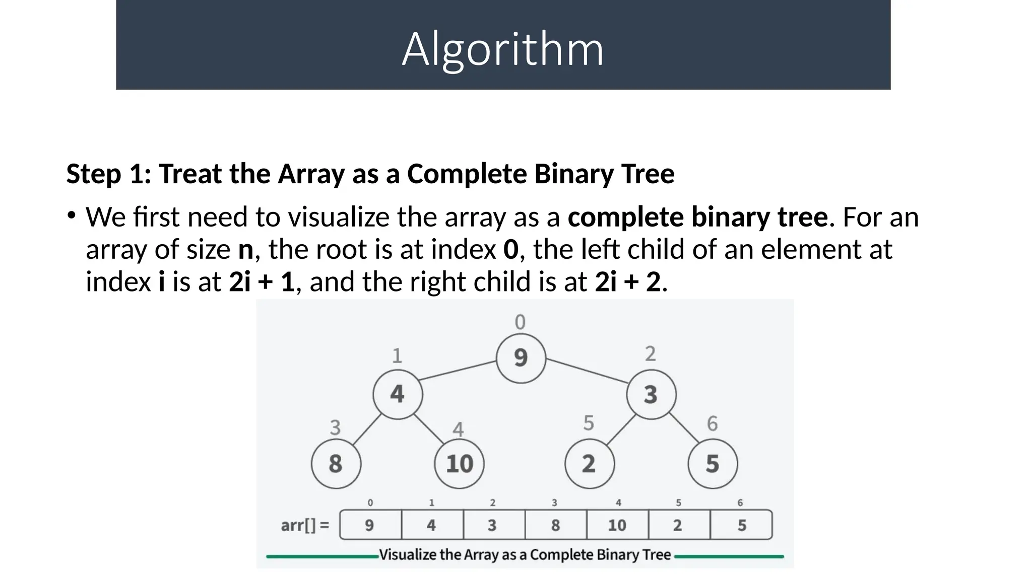 Dr. Krishnendu Rarhi
Algorithm
Step 1: Treat the Array as a Complete Binary Tree
• We first need to visualize the array as a complete binary tree. For an
array of size n, the root is at index 0, the left child of an element at
index i is at 2i + 1, and the right child is at 2i + 2.
 