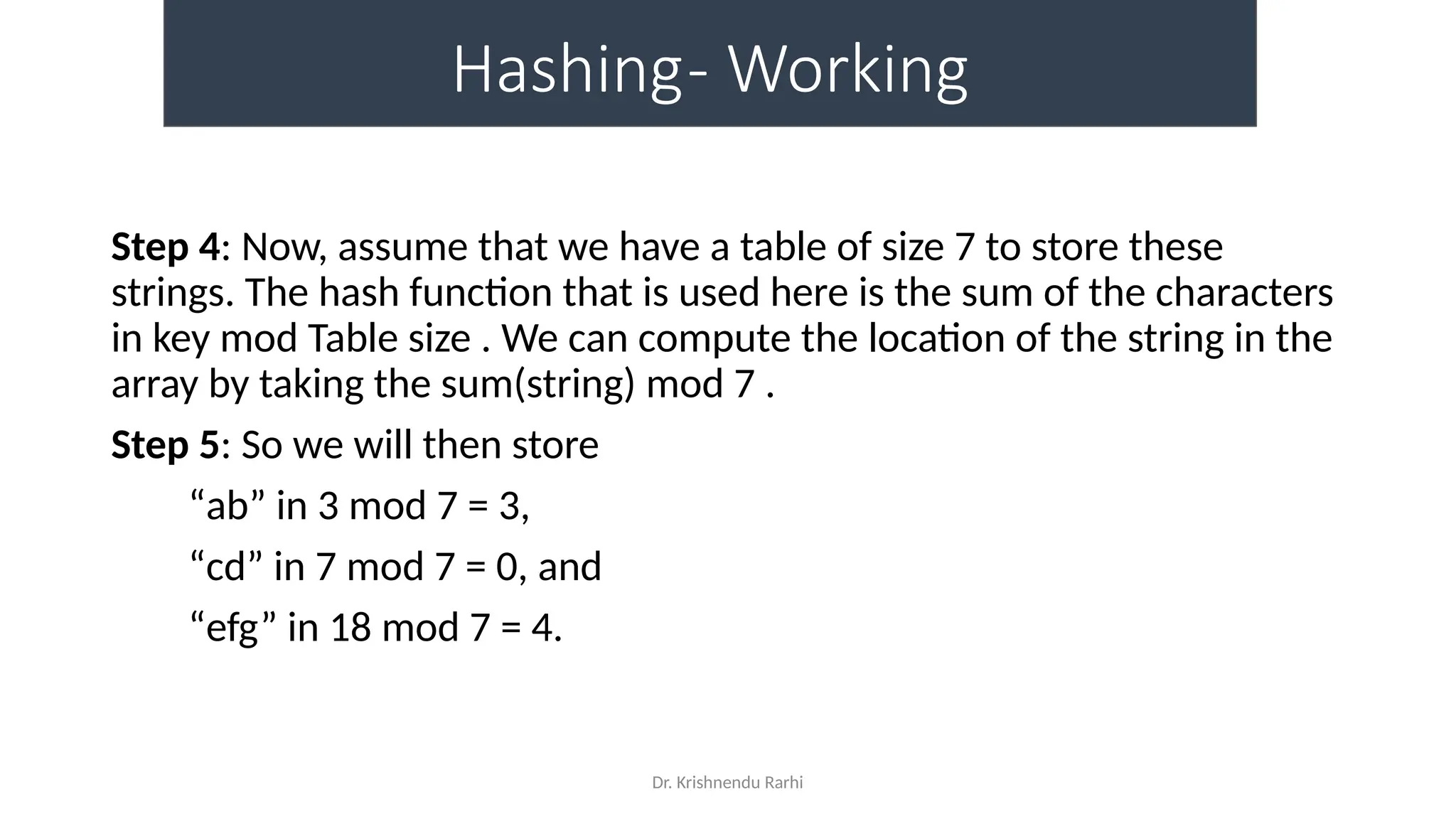 Dr. Krishnendu Rarhi
Hashing- Working
Step 4: Now, assume that we have a table of size 7 to store these
strings. The hash function that is used here is the sum of the characters
in key mod Table size . We can compute the location of the string in the
array by taking the sum(string) mod 7 .
Step 5: So we will then store
“ab” in 3 mod 7 = 3,
“cd” in 7 mod 7 = 0, and
“efg” in 18 mod 7 = 4.
 