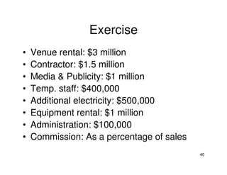 Exercise
•
•
•
•
•
•
•
•

Venue rental: $3 million
Contractor: $1.5 million
Media & Publicity: $1 million
Temp. staff: $400,000
Additional electricity: $500,000
Equipment rental: $1 million
Administration: $100,000
Commission: As a percentage of sales
40

 