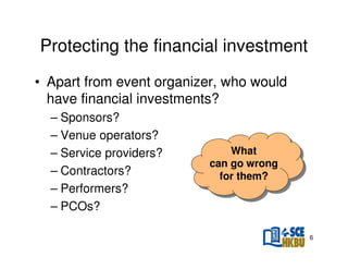 Protecting the financial investment
• Apart from event organizer, who would
have financial investments?
– Sponsors?
– Venue operators?
– Service providers?
– Contractors?
– Performers?
– PCOs?

What
What
can go wrong
can go wrong
for them?
for them?

6

 