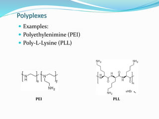 Polyplexes
 Examples:
 Polyethylenimine (PEI)
 Poly-L-Lysine (PLL)
PEI PLL
 