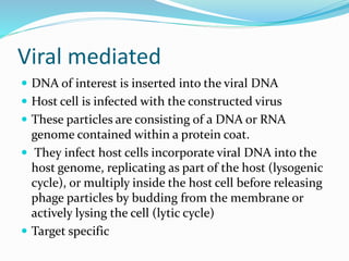 Viral mediated
 DNA of interest is inserted into the viral DNA
 Host cell is infected with the constructed virus
 These particles are consisting of a DNA or RNA
genome contained within a protein coat.
 They infect host cells incorporate viral DNA into the
host genome, replicating as part of the host (lysogenic
cycle), or multiply inside the host cell before releasing
phage particles by budding from the membrane or
actively lysing the cell (lytic cycle)
 Target specific
 