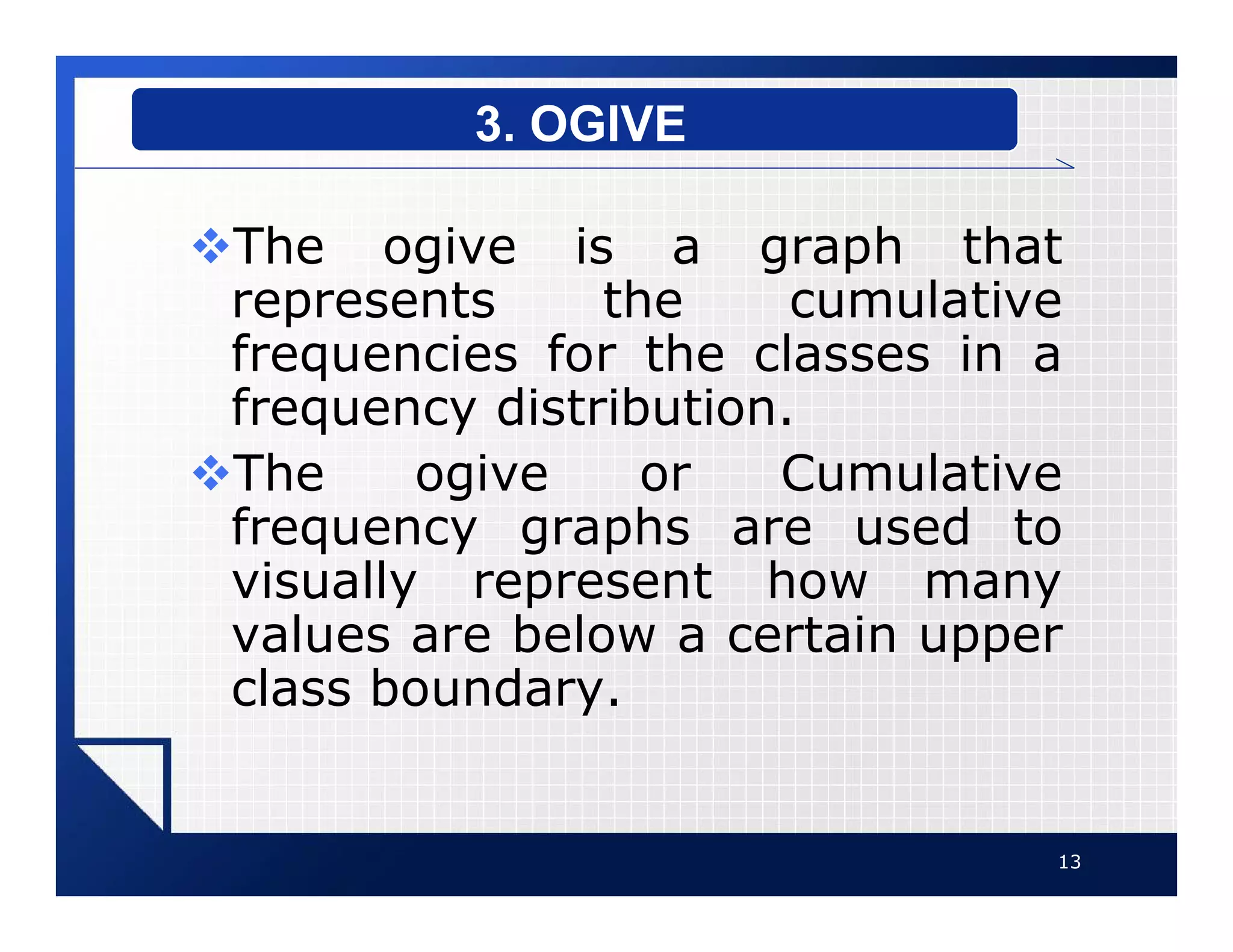 vThe ogive is a graph that
represents the cumulative
frequencies for the classes in a
frequency distribution.
vThe ogive or Cumulative
frequency graphs are used to
visually represent how many
values are below a certain upper
class boundary.
13
3. OGIVE
 