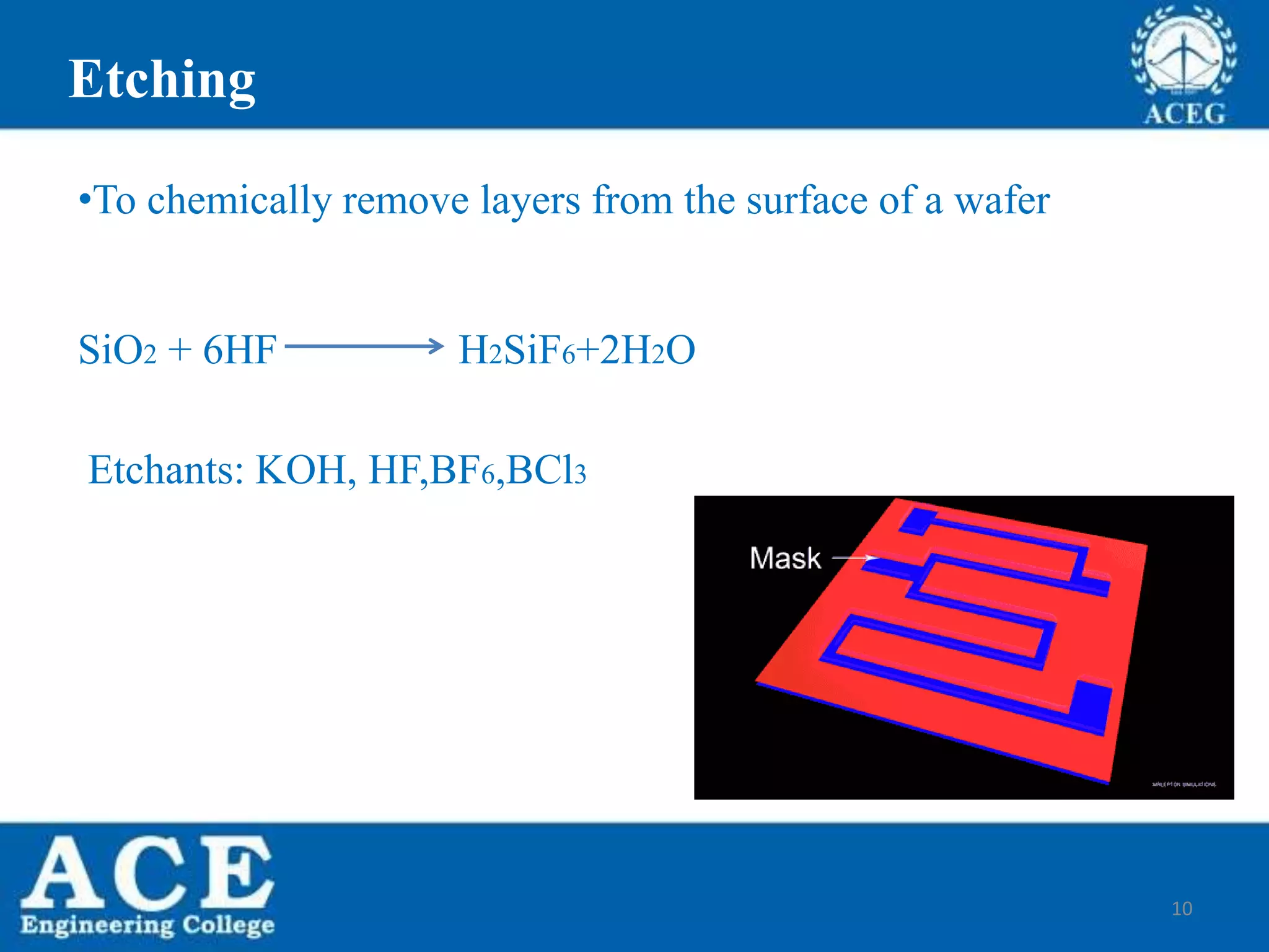 10
Etching
Etchants: KOH, HF,BF6,BCl3
SiO2 + 6HF H2SiF6+2H2O
•To chemically remove layers from the surface of a wafer
 
