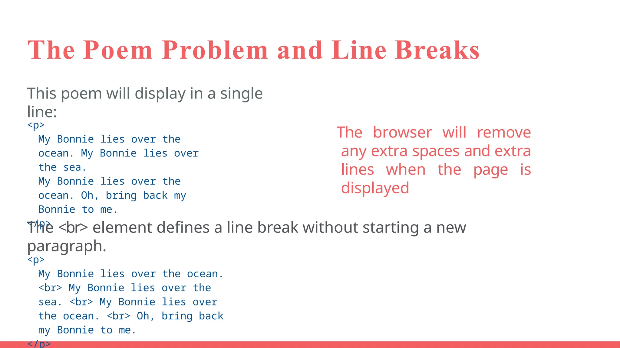 The Poem Problem and Line Breaks
This poem will display in a single
line:
<p>
My Bonnie lies over the
ocean. My Bonnie lies over
the sea.
My Bonnie lies over the
ocean. Oh, bring back my
Bonnie to me.
</p>
The <br> element defines a line break without starting a new
paragraph.
<p>
My Bonnie lies over the ocean.
<br> My Bonnie lies over the
sea. <br> My Bonnie lies over
the ocean. <br> Oh, bring back
my Bonnie to me.
</p>
The browser will remove
any extra spaces and extra
lines when the page is
displayed
 