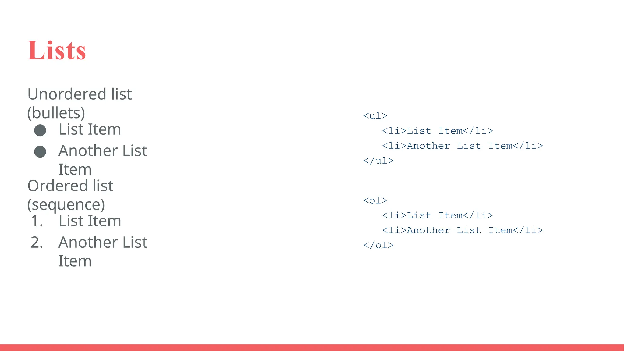 Lists
Unordered list
(bullets)
● List Item
● Another List
Item
Ordered list
(sequence)
1. List Item
2. Another List
Item
<ul>
<li>List Item</li>
<li>Another List Item</li>
</ul>
<ol>
<li>List Item</li>
<li>Another List Item</li>
</ol>
 