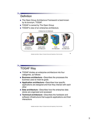 3
Definition
 The Open Group Architecture Framework is best known
by its acronym, TOGAF.
 TOGAF is owned by The Open Group
 TOGAF's view of an enterprise architecture.
5
Abdisalam Issa-Salwe, College of Computer Science and Engineering, Tai bah University
TOGAF Way
 TOGAF divides an enterprise architecture into four
categories, as follows:
 Business architecture—Describes the processes the
business uses to meet its goals
 Application architecture—Describes how specific
applications are designed and how they interact with each
other
 Data architecture—Describes how the enterprise data
stores are organized and accessed
 Technical architecture—Describes the hardware and
software infrastructure that supports applications and their
interactions
6
Abdisalam Issa-Salwe, College of Computer Science and Engineering, Tai bah University
 
