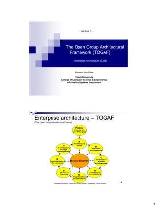 1
Abdisalam Issa-Salwe
Taibah University
College of Computer Science & Engineering
Information Systems Department
The Open Group Architectural
Framework (TOGAF)
(Enterprise Architecture IS353)
Lecture 3
Enterprise architecture – TOGAF
(The Open Group Architecture Frame)
Abdisalam Issa-Salwe, College of Computer Science & Engineering, Taibah University
2
 