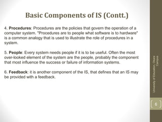 6
UniversityofEducation,Okara
Campus
4. Procedures: Procedures are the policies that govern the operation of a
computer system. "Procedures are to people what software is to hardware"
is a common analogy that is used to illustrate the role of procedures in a
system.
5. People: Every system needs people if it is to be useful. Often the most
over-looked element of the system are the people, probably the component
that most influence the success or failure of information systems.
6. Feedback: it is another component of the IS, that defines that an IS may
be provided with a feedback.
Basic Components of IS (Contt.)
 