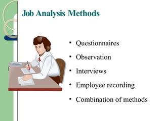 Job Analysis Methods
• Questionnaires
• Observation
• Interviews
• Employee recording
• Combination of methods
 