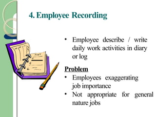 4.Employee Recording
• Employee describe / write
daily work activities in diary
or log
Problem
• Employees exaggerating
job importance
• Not appropriate for general
nature jobs
 