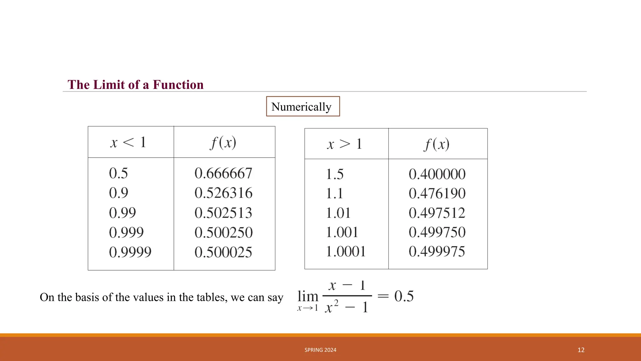 SPRING 2024 12
On the basis of the values in the tables, we can say
Numerically
The Limit of a Function
 