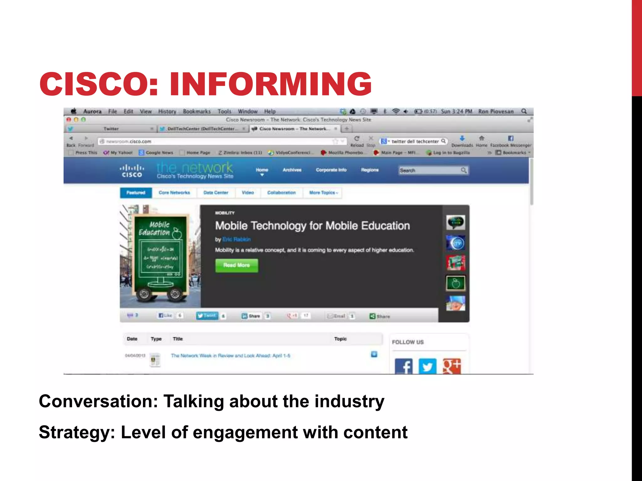 CISCO: INFORMING
Conversation: Talking about the industry
Strategy: Level of engagement with content
 