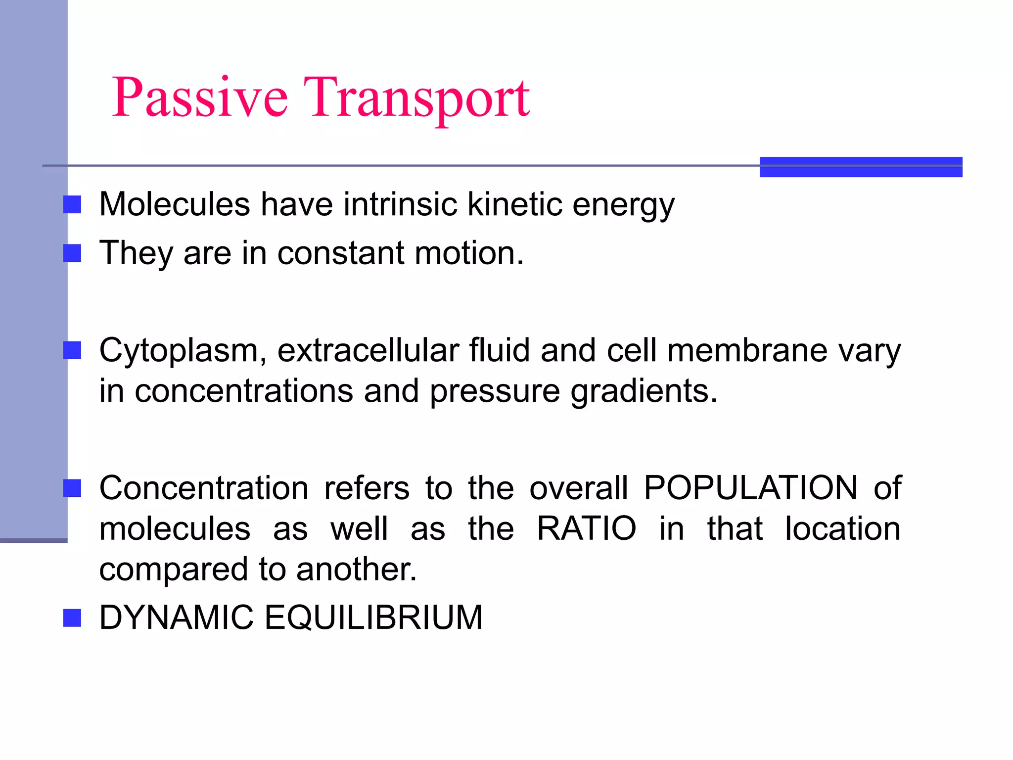 Passive Transport
 Molecules have intrinsic kinetic energy
 They are in constant motion.
 Cytoplasm, extracellular fluid and cell membrane vary
in concentrations and pressure gradients.
 Concentration refers to the overall POPULATION of
molecules as well as the RATIO in that location
compared to another.
 DYNAMIC EQUILIBRIUM
 