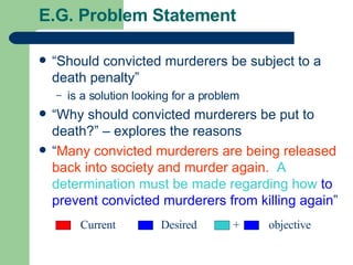 E.G. Problem Statement “Should convicted murderers be subject to a death penalty” is a solution looking for a problem “Why should convicted murderers be put to death?” – explores the reasons “ Many convicted murderers are being released back into society and murder again.   A determination must be made regarding how   to prevent convicted murderers from killing again ” Current Desired objective + 