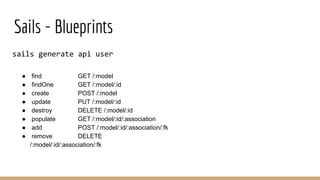 Sails - Blueprints
sails generate api user
● find GET /:model
● findOne GET /:model/:id
● create POST /:model
● update PUT /:model/:id
● destroy DELETE /:model/:id
● populate GET /:model/:id/:association
● add POST /:model/:id/:association/:fk
● remove DELETE
/:model/:id/:association/:fk
 