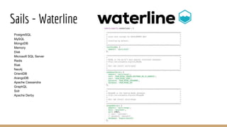 Sails - Waterline
PostgreSQL
MySQL
MongoDB
Memory
Disk
Microsoft SQL Server
Redis
Riak
Neo4j
OrientDB
ArangoDB
Apache Cassandra
GraphQL
Solr
Apache Derby
 