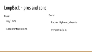LoopBack - pros and cons
Pros:
High ROI
Lots of integrations
Cons:
Rather high entry barrier
Vendor lock-in
 